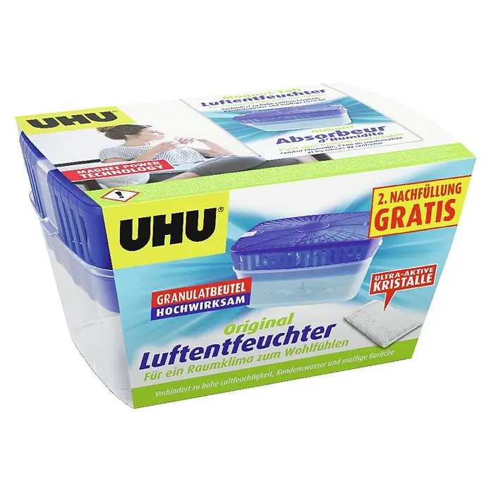 UHU Luftentfeuchter Originalpack - 1 x Luftentfeuchter 1 kg, 1 x Gratis-Nachfüllung 1 kg - Diagonale Ansicht