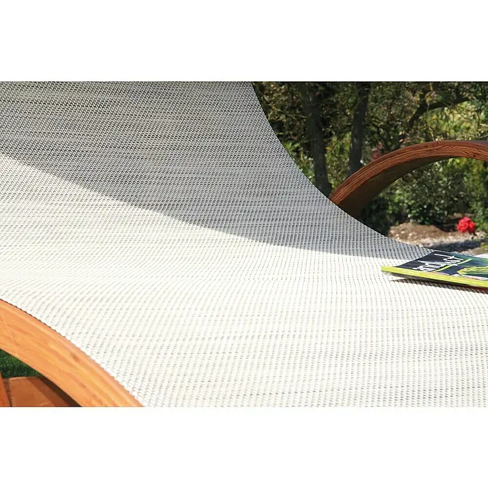 Acamp Garten-Schaukelliege Phuket - L x B x H: 205 x 155 x 185 cm, Lärchenholz/Acatex-Gewebe, Teak-färbig/Sand - Detailaufnahme