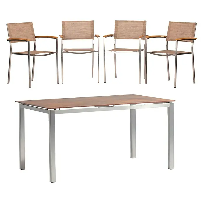 Acamp Gartenmöbel-Set Skye - 5 -tlg., Teakholz/Acatex-Gewebe/Edelstahl/HPL, Edelstahl/Teak/Sand/Cemento/Grano-Rusty - Diagonale Ansicht