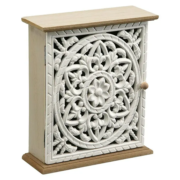 Caja de madera Mandala - L x An x Al: 19 x 7 x 21,5 cm, Blanco/Madera - Vista angular