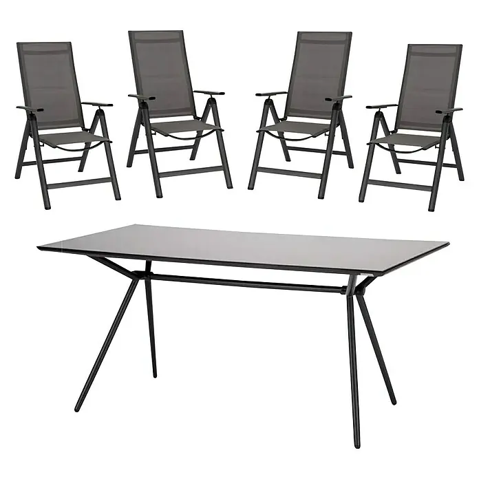 Acamp Gartenmöbel-Set Spring - 1 x Glastisch Alpha, 4 x Klappsessel Spring, Aluminium/Glas, Anthrazit/Carbon/Cemento Taupe - Diagonale Ansicht