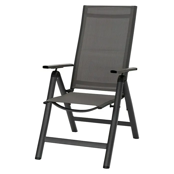 Acamp Gartenmöbel-Set Spring - 1 x Glastisch Alpha, 4 x Klappsessel Spring, Aluminium/Glas, Anthrazit/Carbon/Cemento Taupe - Diagonale Ansicht