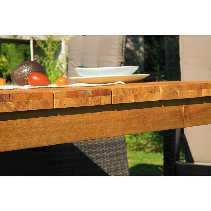 Acamp Gartenmöbel-Set Ciro - 1 x Tisch Old Java, 4 x Armsessel Ciro, Aluminium/Flex-Mesh/Akazie, Grau/Taupe/Teak-färbig - Detailaufnahme