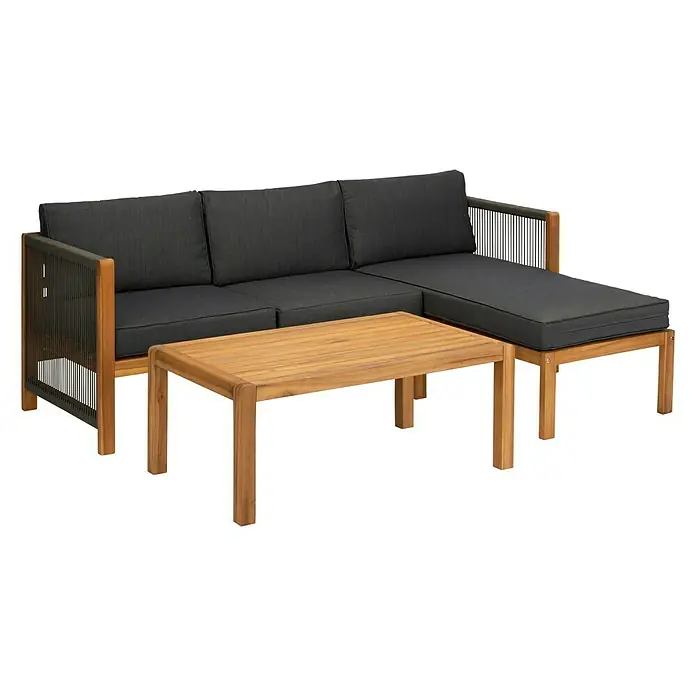 Acamp Loungemöbel-Set Malaga - 3 -tlg., Akazienholz/Polyester, Teak-färbig/Schwarz/Dunkelgrau - Diagonale Ansicht
