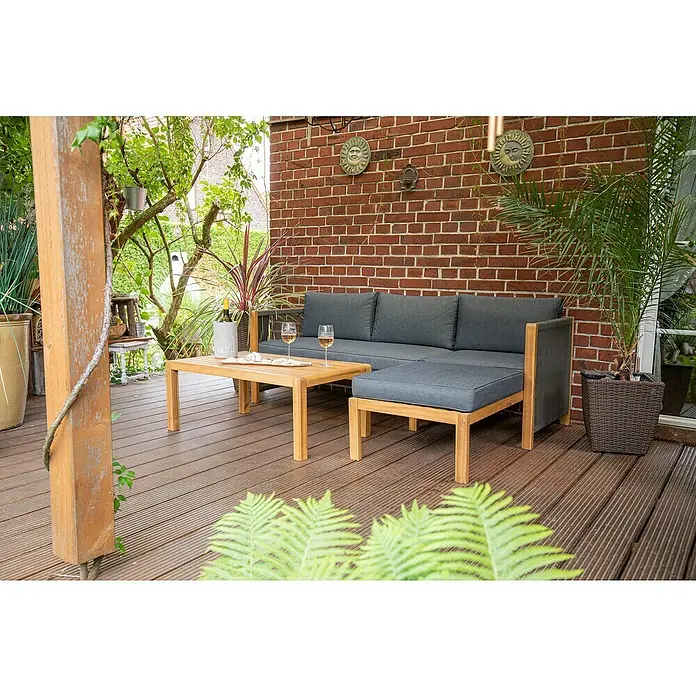 Acamp Loungemöbel-Set Malaga - 3 -tlg., Akazienholz/Polyester, Teak-färbig/Schwarz/Dunkelgrau - Stimmungsaufnahme