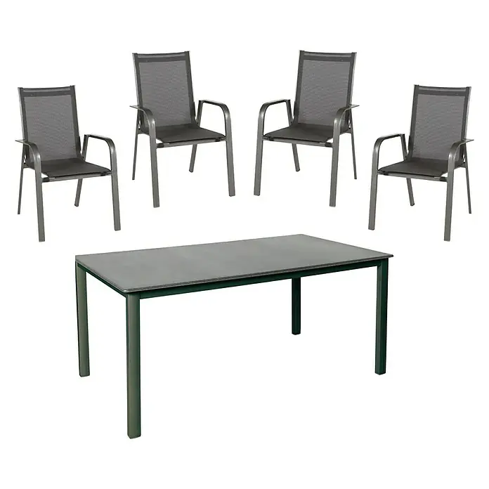Acamp Gartenmöbel-Set Urban - 1 x Lofttisch Acaplan, 4 x Stapelsessel Urban, Aluminium/Acatex-Gewebe/Topalit, Anthrazit/Carbon/Schiefer - Diagonale Ansicht