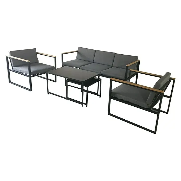 Acamp Loungemöbel-Set Space - 5 -tlg., Stahl/Polywood/Polyester, Anthrazit/Teak-färbig/Grau - Diagonale Ansicht