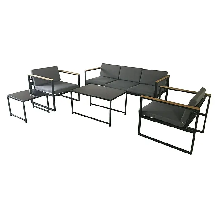 Acamp Loungemöbel-Set Space - 5 -tlg., Stahl/Polywood/Polyester, Anthrazit/Teak-färbig/Grau - Diagonale Ansicht
