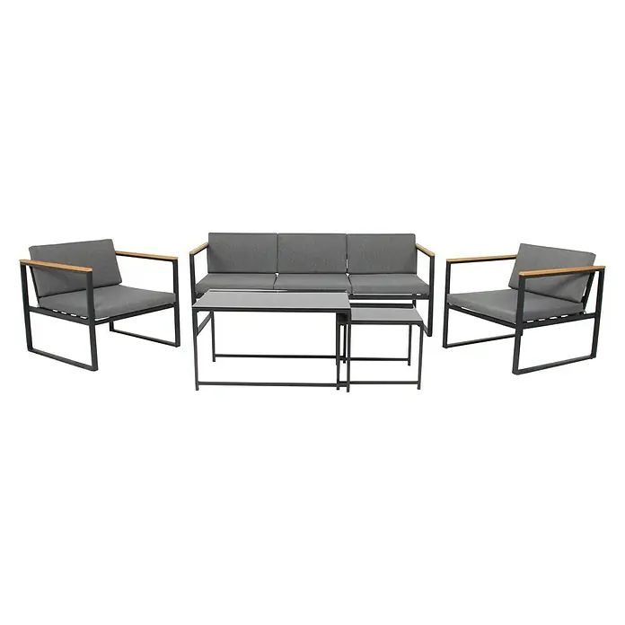Acamp Loungemöbel-Set Space - 5 -tlg., Stahl/Polywood/Polyester, Anthrazit/Teak-färbig/Grau - Vorderansicht