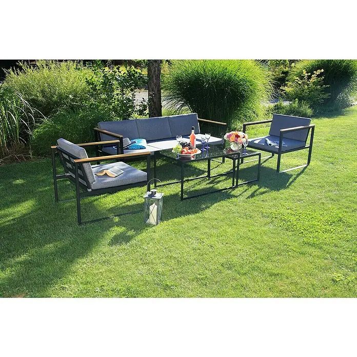 Acamp Loungemöbel-Set Space - 5 -tlg., Stahl/Polywood/Polyester, Anthrazit/Teak-färbig/Grau - Stimmungsaufnahme