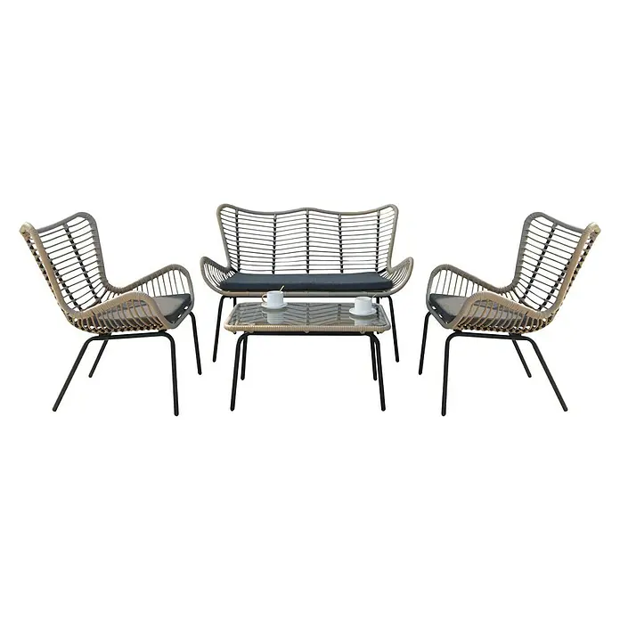 Acamp Loungemöbel-Set Korfu - 4 -tlg., Stahlrohr/Polyrattan/Polyester/Sicherheitsglas, Schwarz/Bambus-färbig/Dunkelgrau - Vorderansicht