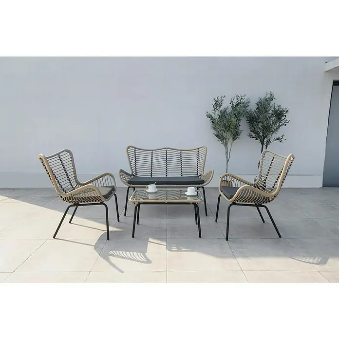Acamp Loungemöbel-Set Korfu - 4 -tlg., Stahlrohr/Polyrattan/Polyester/Sicherheitsglas, Schwarz/Bambus-färbig/Dunkelgrau - Stimmungsaufnahme