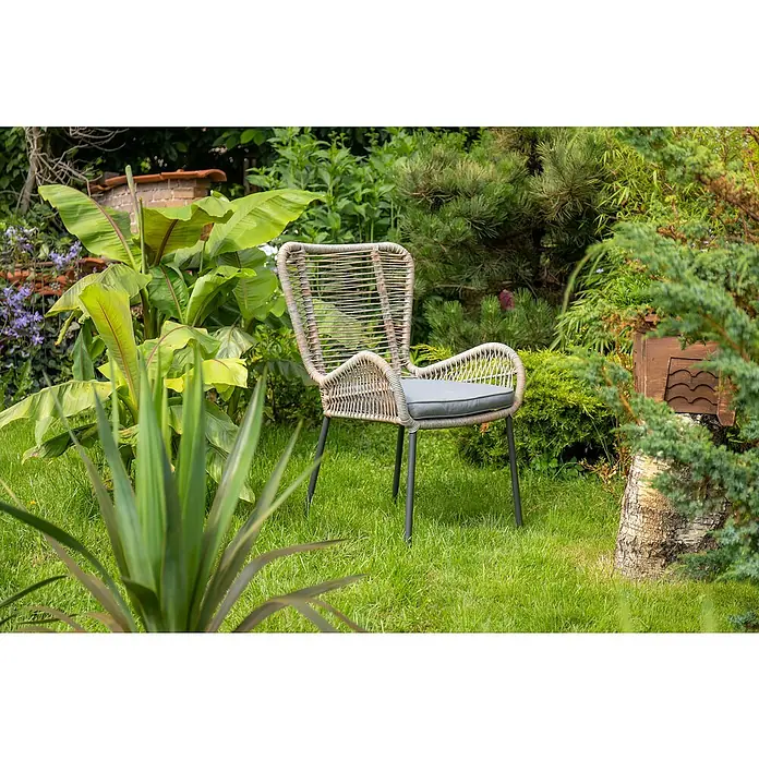 Acamp Loungemöbel-Set Korfu - 4 -tlg., Stahlrohr/Polyrattan/Polyester/Sicherheitsglas, Schwarz/Bambus-färbig/Dunkelgrau - Stimmungsaufnahme