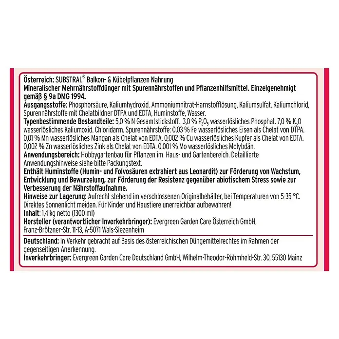 Substral Balkon- & Kübelpflanzen-Nahrung - 1,3 l - Rückansicht