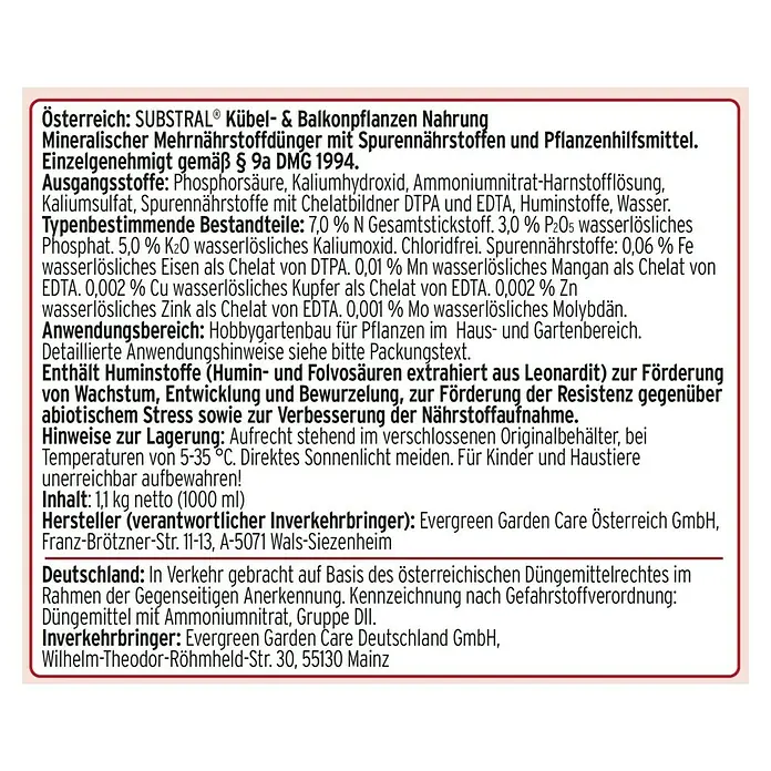 Substral Balkon- & Kübelpflanzen-Nahrung - 1 l - Rückansicht