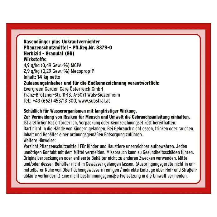 Substral Rasendünger plus Unkrautvernichter 2in1 - 14 kg - Rückansicht
