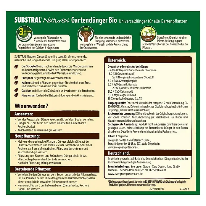 Celaflor Naturen Bio-Gartendünger - 1,7 kg, Inhalt ausreichend für ca.: 42 m² - Rückansicht