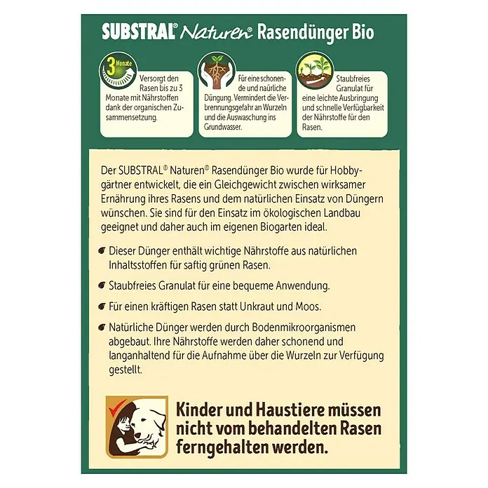 Naturen Bio Rasendünger - 10 kg, Inhalt ausreichend für ca.: 500 m² - Rückansicht