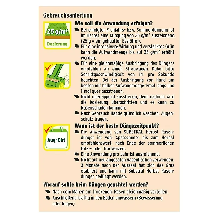 Substral Herbstrasendünger - 12,5 kg, Inhalt ausreichend für ca.: 500 m² - Rückansicht