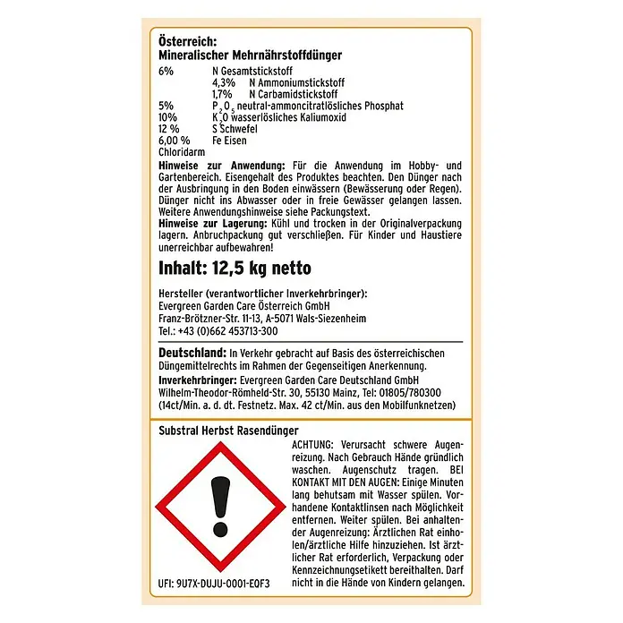 Substral Herbstrasendünger - 12,5 kg, Inhalt ausreichend für ca.: 500 m² - Rückansicht