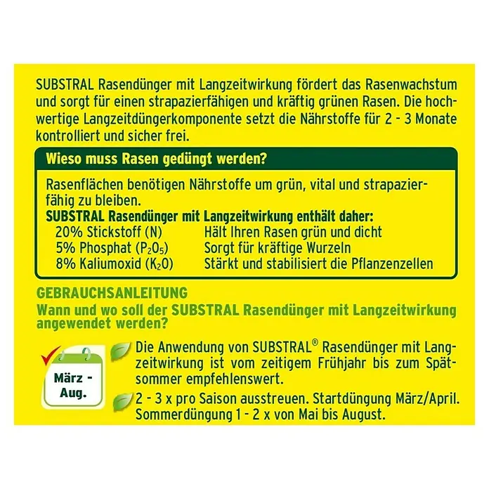Substral Rasendünger - 7,5 kg, Inhalt ausreichend für ca.: 375 m² - Rückansicht