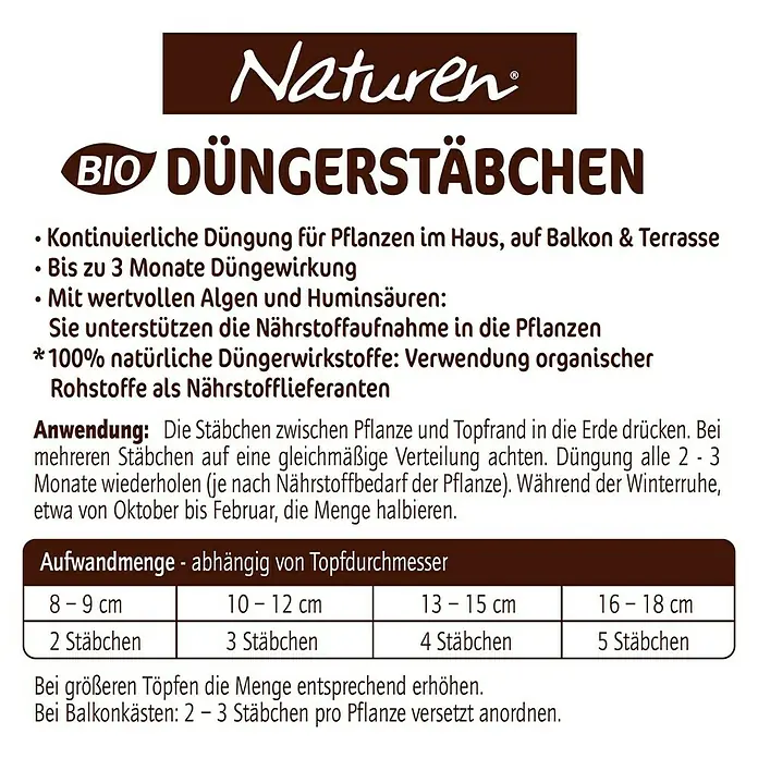 Naturen Bio Grünpflanzen-Düngestäbchen - 30 Stk., Inhalt ausreichend für ca.: 30 Pflanzen - Rückansicht