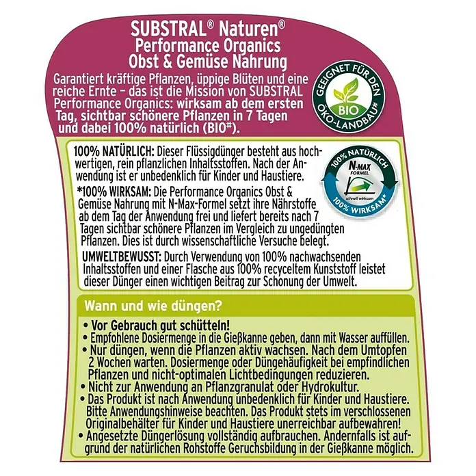 Substral Naturen Obst- & Gemüsenahrung - 1 l, Inhalt ausreichend für ca.: 100 l Gießwasser - Rückansicht