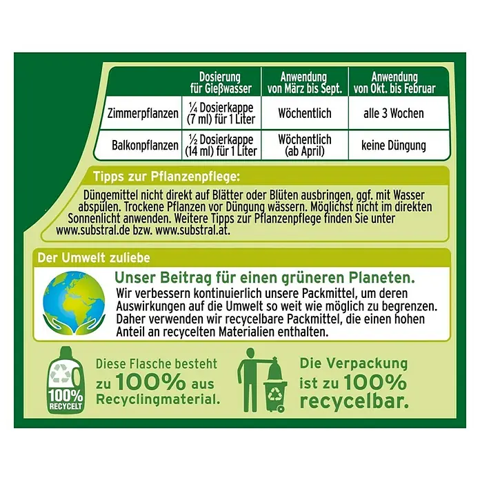 Substral Naturen Pflanzen-Nahrung Bio - 1 l, Inhalt ausreichend für ca.: 100 l Gießwasser - Rückansicht