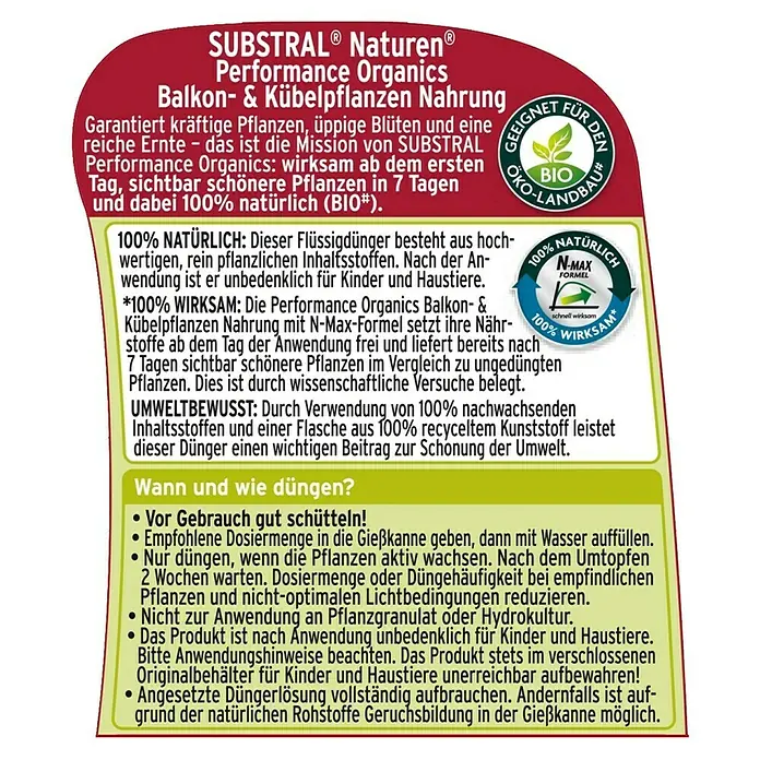 Substral Naturen Balkon- & Kübelpflanzen-Nahrung Bio - 1 l, Inhalt ausreichend für ca.: 100 l Gießwasser - Rückansicht
