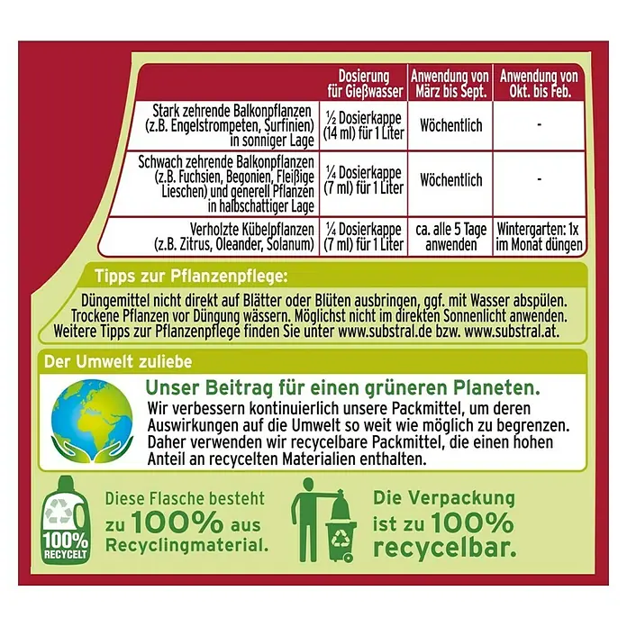Substral Naturen Balkon- & Kübelpflanzen-Nahrung Bio - 1 l, Inhalt ausreichend für ca.: 100 l Gießwasser - Rückansicht