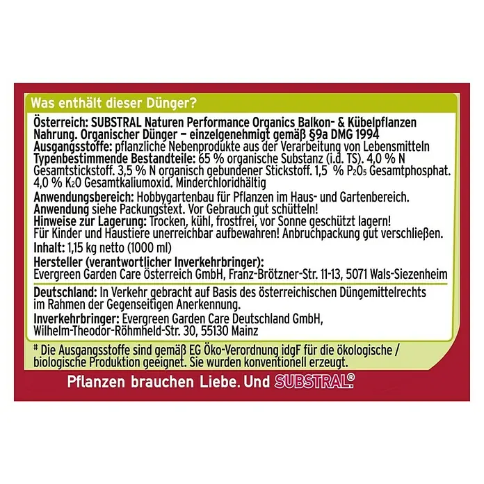 Substral Naturen Balkon- & Kübelpflanzen-Nahrung Bio - 1 l, Inhalt ausreichend für ca.: 100 l Gießwasser - Rückansicht