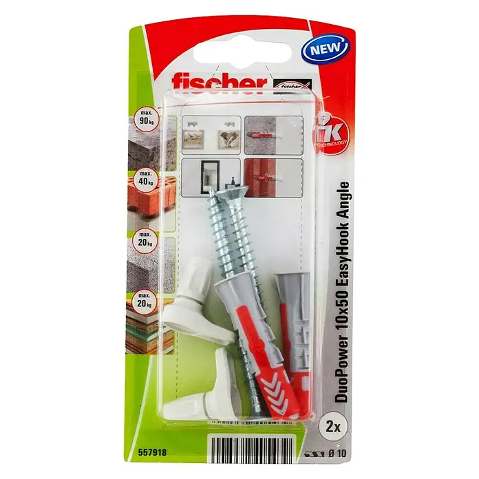 Fischer Duopower Alcayata Easyhook - Ø x L: 10 x 50 mm, Acero, 2 ud. - Vista frontal