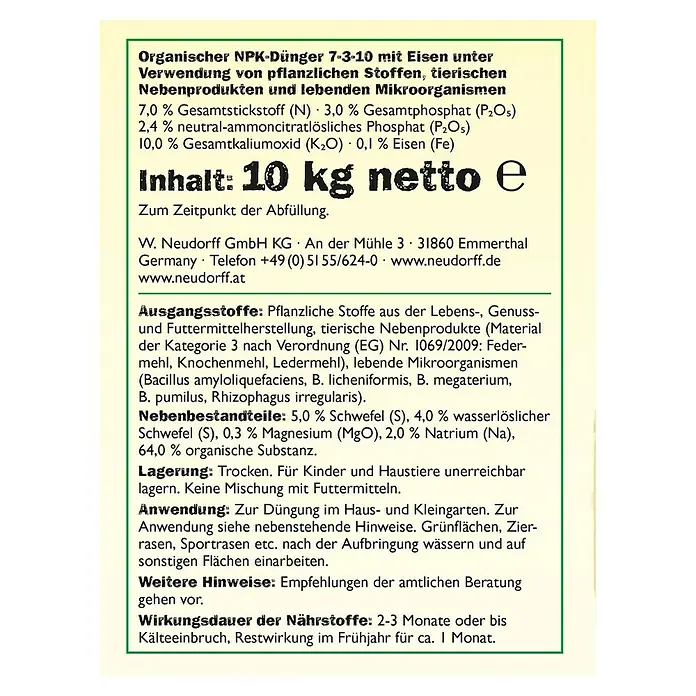 Neudorff Azet Herbstrasendünger - 10 kg, Inhalt ausreichend für ca.: 200 m² - Rückansicht
