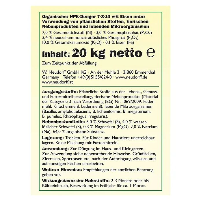 Neudorff Azet Herbstrasendünger - 20 kg, Inhalt ausreichend für ca.: 400 m² - Rückansicht