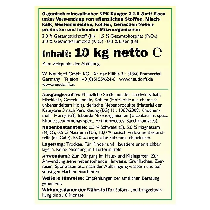 Neudorff Bodenaktivator Terra Preta - 10 kg, Inhalt ausreichend für ca.: 100 m² - Rückansicht