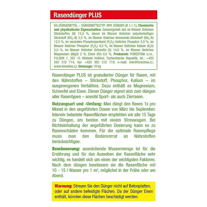 Rasendünger PLUS - 10 kg, Inhalt ausreichend für ca.: 330 m² - Rückansicht