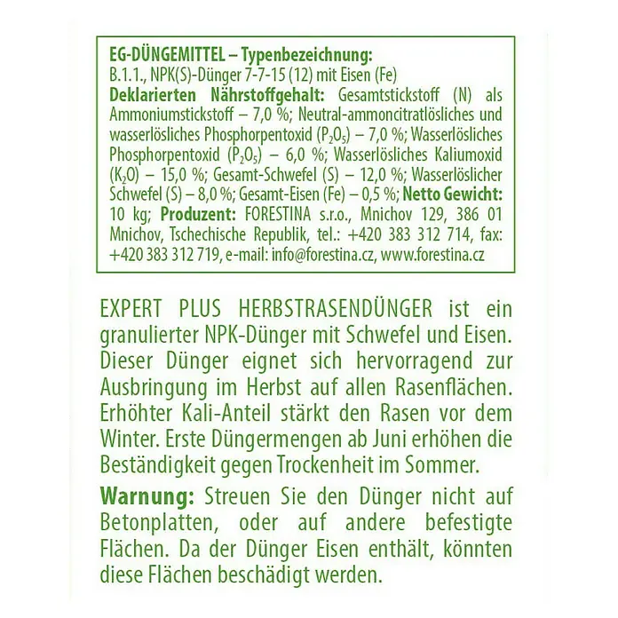 Herbstrasendünger - 10 kg, Inhalt ausreichend für ca.: 333 m² - Rückansicht
