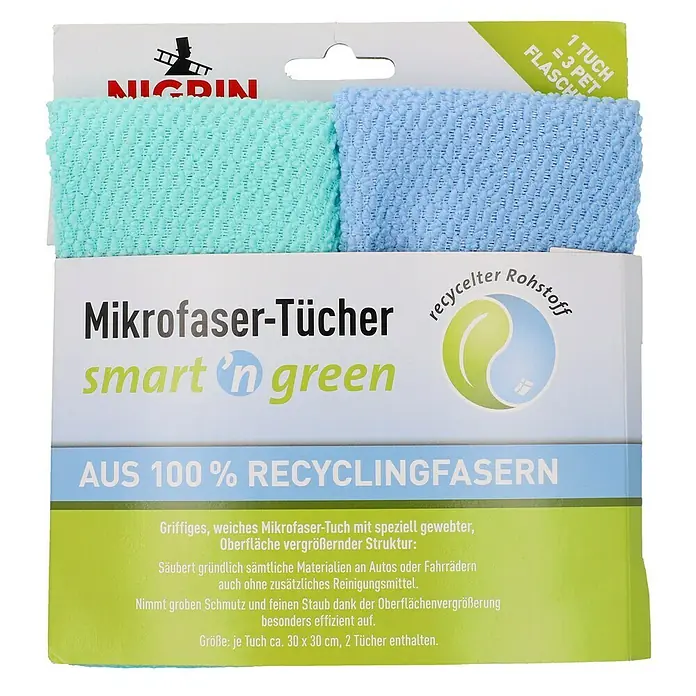Nigrin Mikrofasertuch-Set smart 'n green - 2 Stk., 30 x 30 cm, Grün/Blau - Vorderansicht