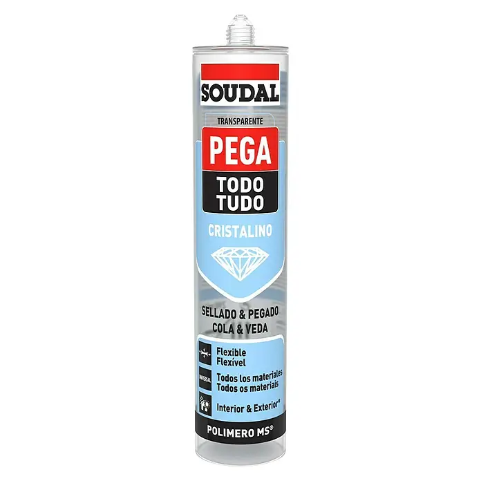 Soudal Adhesivo para montaje Pega Todo - Transparente, 290 ml - Vista frontal