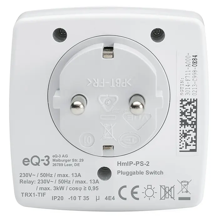 Homematic IP Smart-Steckdose HMIP-PS-2 - IP20, Weiß, 3.680 W, 13 A - Rückansicht