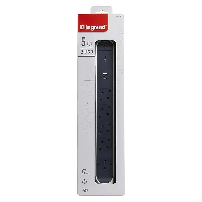 Legrand Base de enchufe múltiple con USB - x 5, Blanco/Negro, Longitud del cable: 1,5 m, 3.680 W - Vista frontal