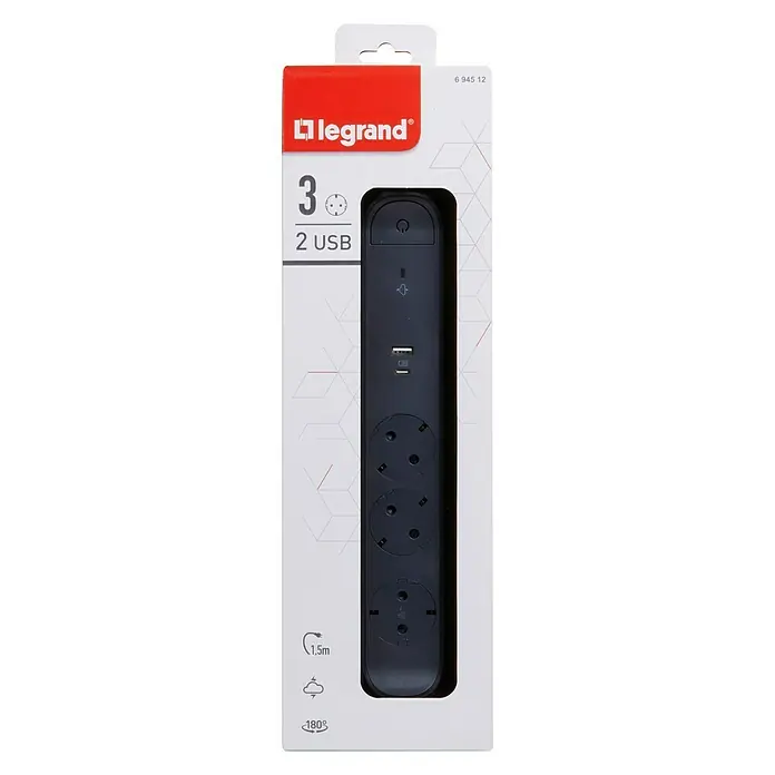 Legrand Steckdosenleiste mit USB - Kabellänge: 1,5 m, 3.680 W - Vorderansicht