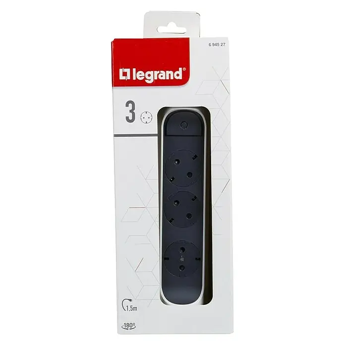 Legrand Steckdosenleiste - 3-fach, Weiß, Schwarz, Kabellänge: 1,5 m - Vorderansicht