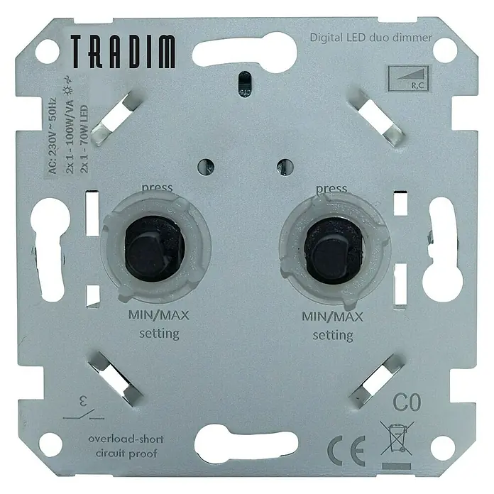 Tradim Led-dimmer Duo Digital - Aluminium, Inbouw - Vooraanzicht