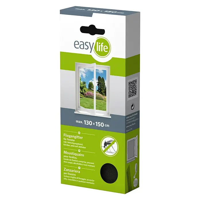 Easy Life Insektenschutzgitter - 130 x 150 cm, Farbe Gewebe: Anthrazit, Klettbefestigung - Diagonale Ansicht