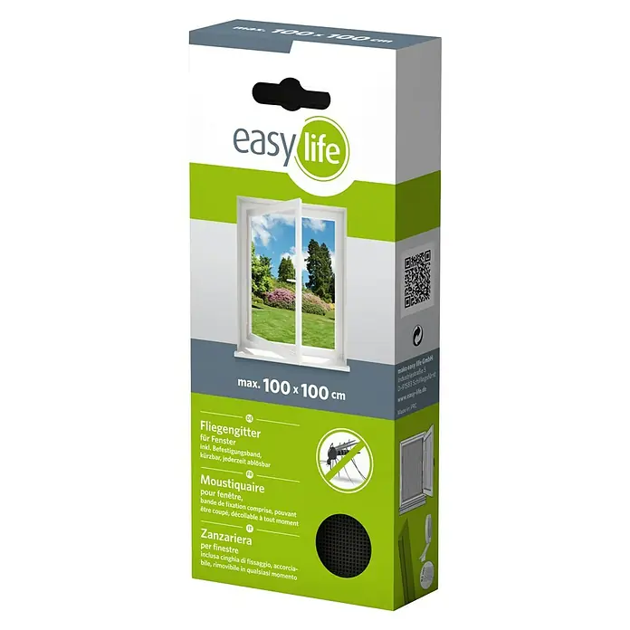 Easy Life Insektenschutzgitter - 100 x 100 cm, Farbe Gewebe: Anthrazit, Klettbefestigung - Diagonale Ansicht