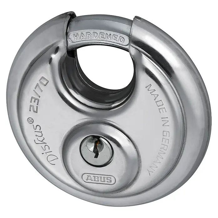 Abus Diskusschloss 23/70 - B x H: 70 x 70 mm, Bügelstärke: 10 mm, Edelstahl - Diagonale Ansicht