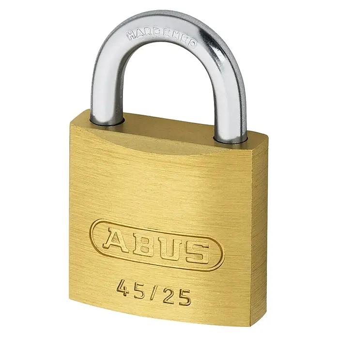 Abus Vorhängeschloss 45/25 - B x H: 24,5 x 38,5 mm, Bügelstärke: 4 mm, Messing, Anzahl Schlüssel: 2 Stk. - Diagonale Ansicht