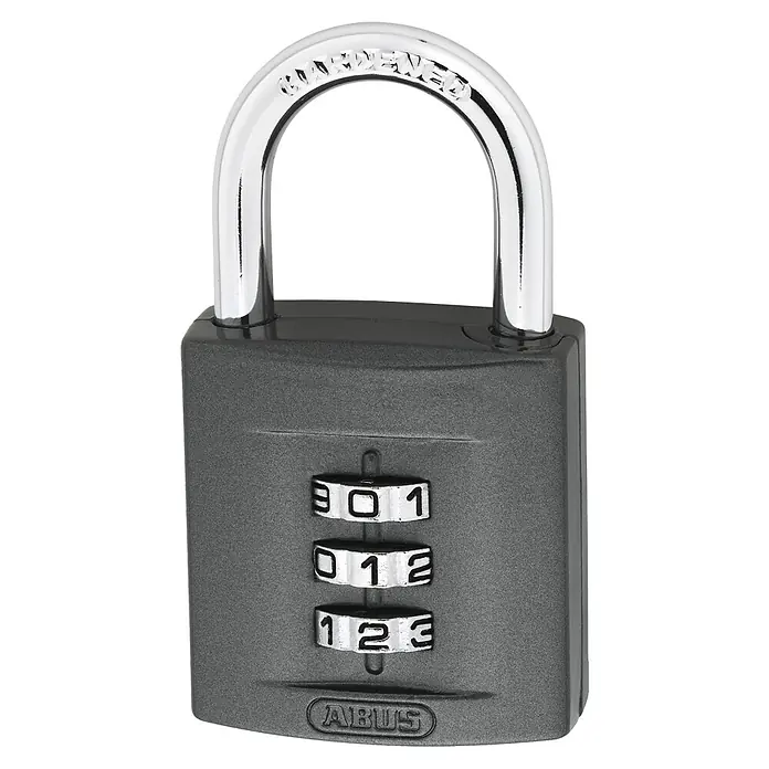 Abus Vorhängezahlenschloss 158/50 - B x L: 52 x 23 mm, Zinkdruckguss, Anzahl Zahlenrollen: 5 Stk., Anthrazit - Diagonale Ansicht