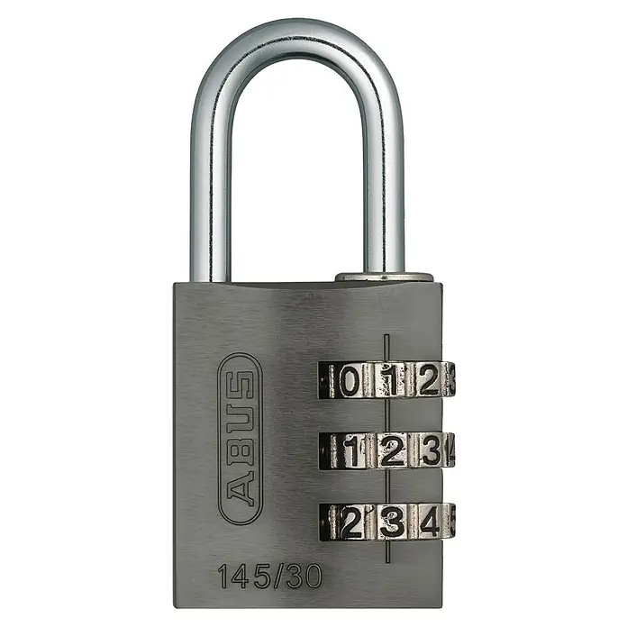Abus Vorhängezahlenschloss 145/30 - B x L: 31,5 x 15,5 mm, Aluminium, Anzahl Zahlenrollen: 3 Stk., Titanium - Vorderansicht